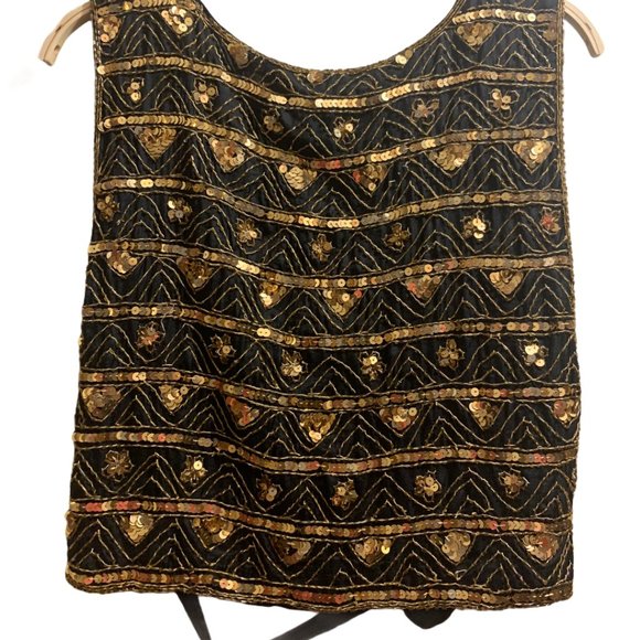 Vintage 100% Silk Black & Gold Sequin Vest | Handmade Embellished Boho Waistcoat - Picture 6 of 6